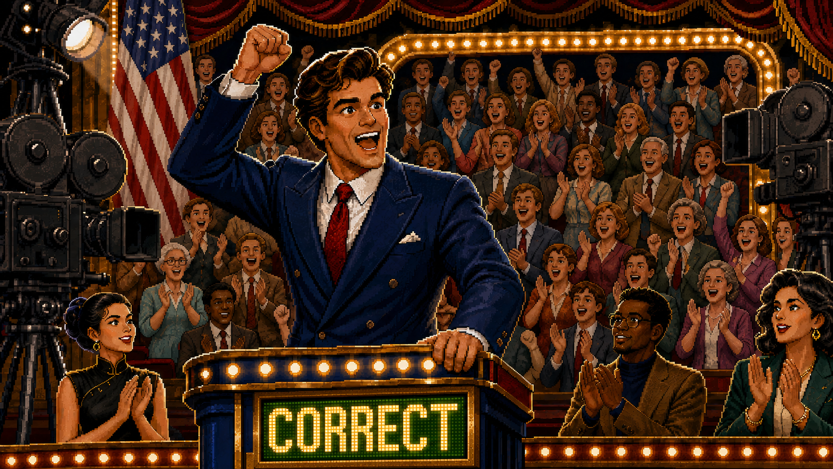 America celebrates at the podium as the live studio audience rises