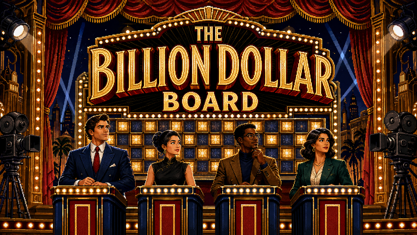 Four contestants at podiums beneath the illuminated Billion Dollar Board title