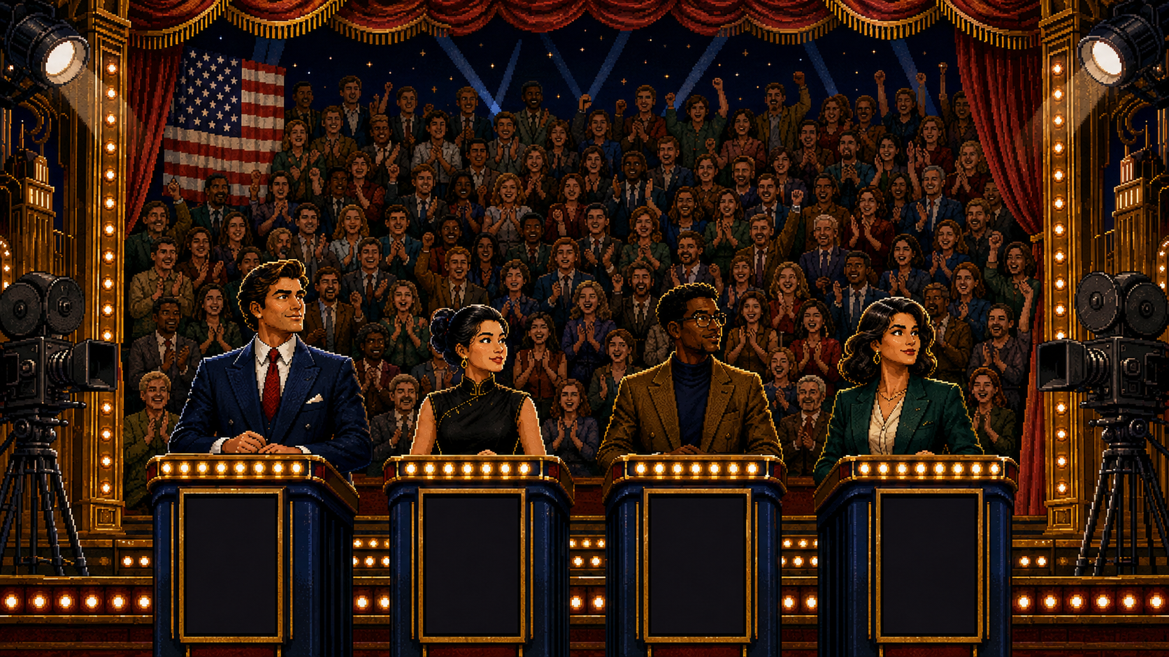 All four contestants stand at their podiums before the live studio audience