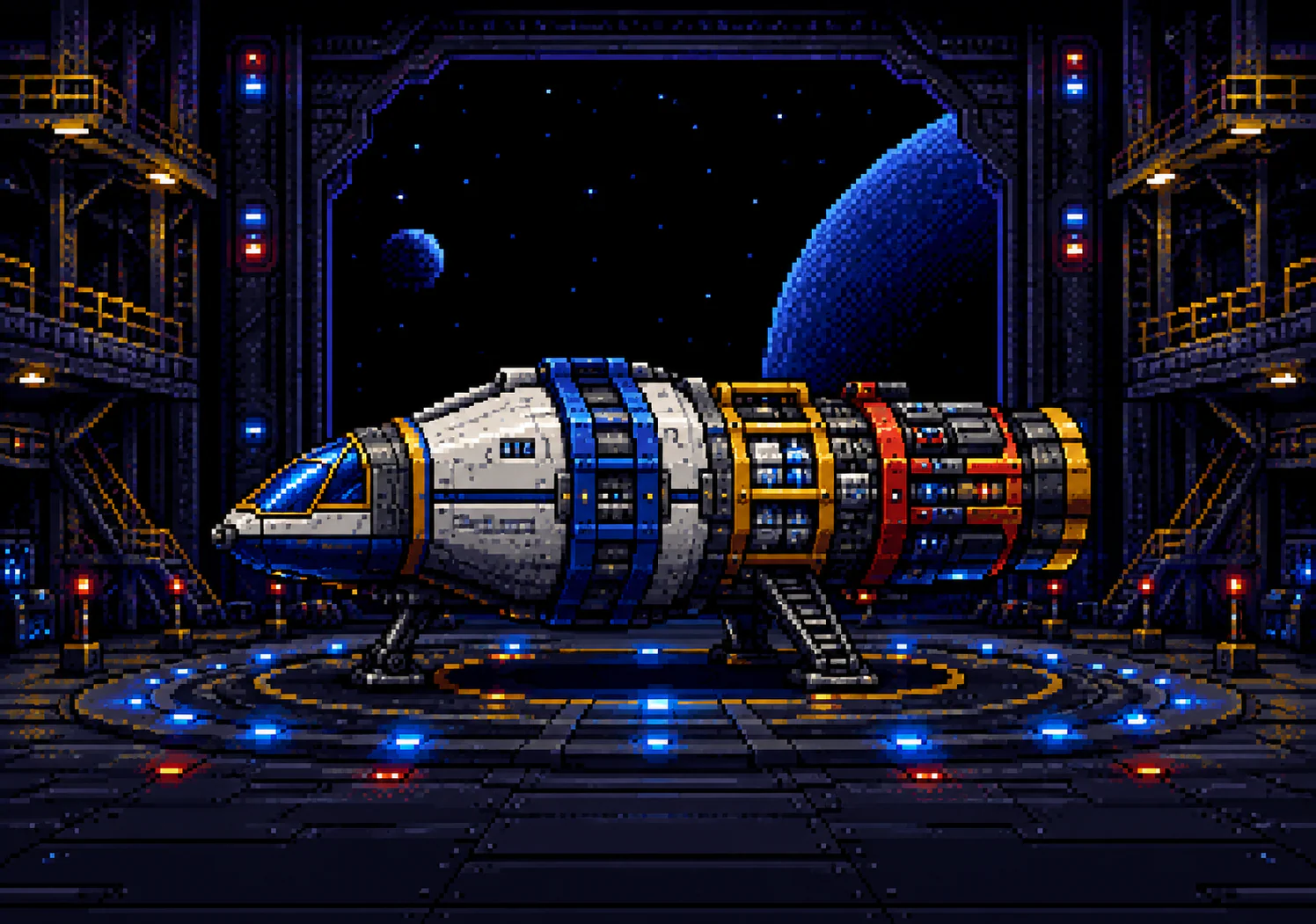 A completed white, blue, red and gold expedition spacecraft assembled inside Delta Dashers Mission Command in Rocket City.